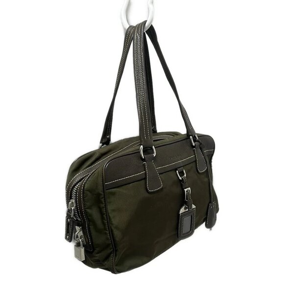 PRADA Khaki Dark Brown Nylon Leather Shoulder Bag 412-090325 - Picture 3 of 8